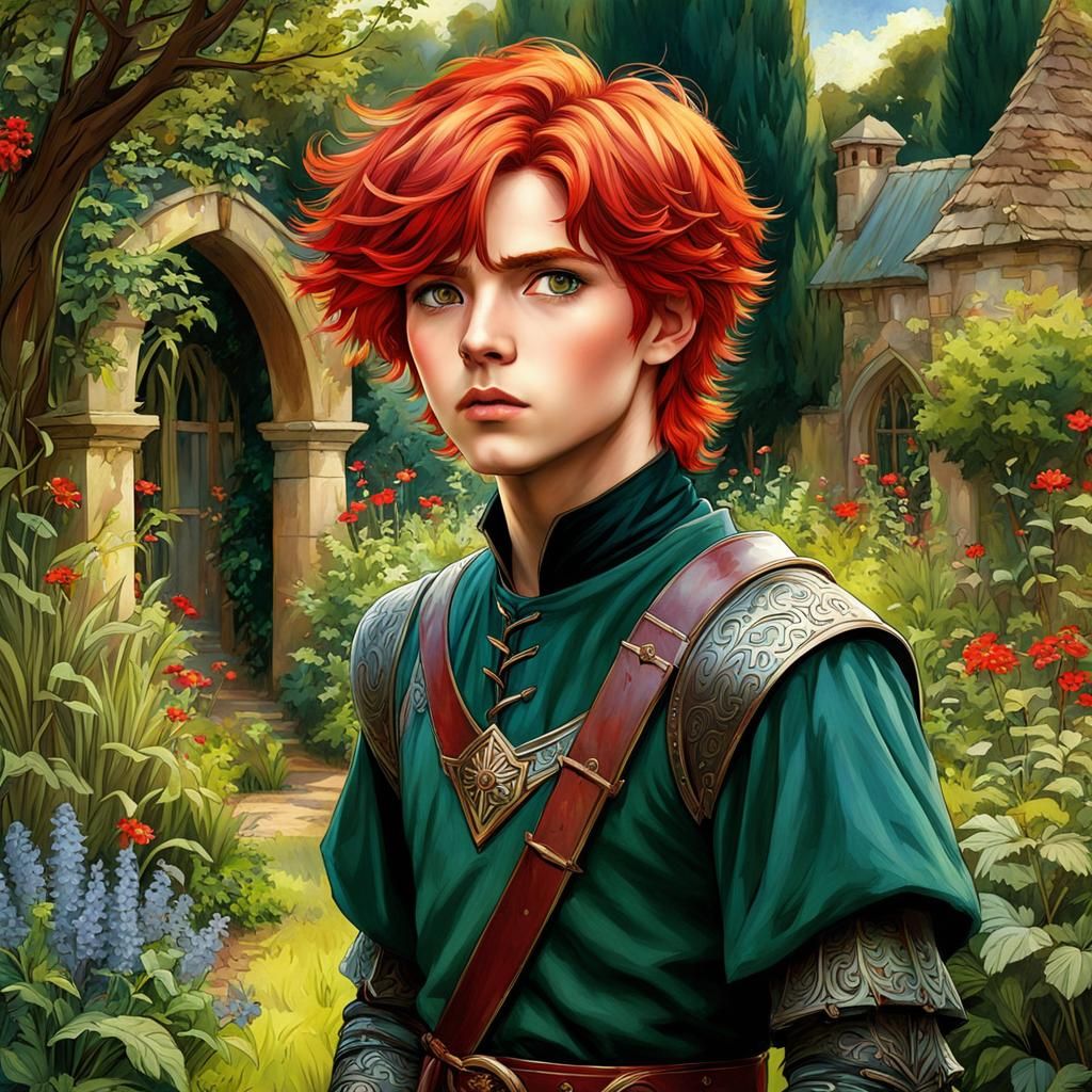 Surprised Red-Haired Boy in Medieval Garden
