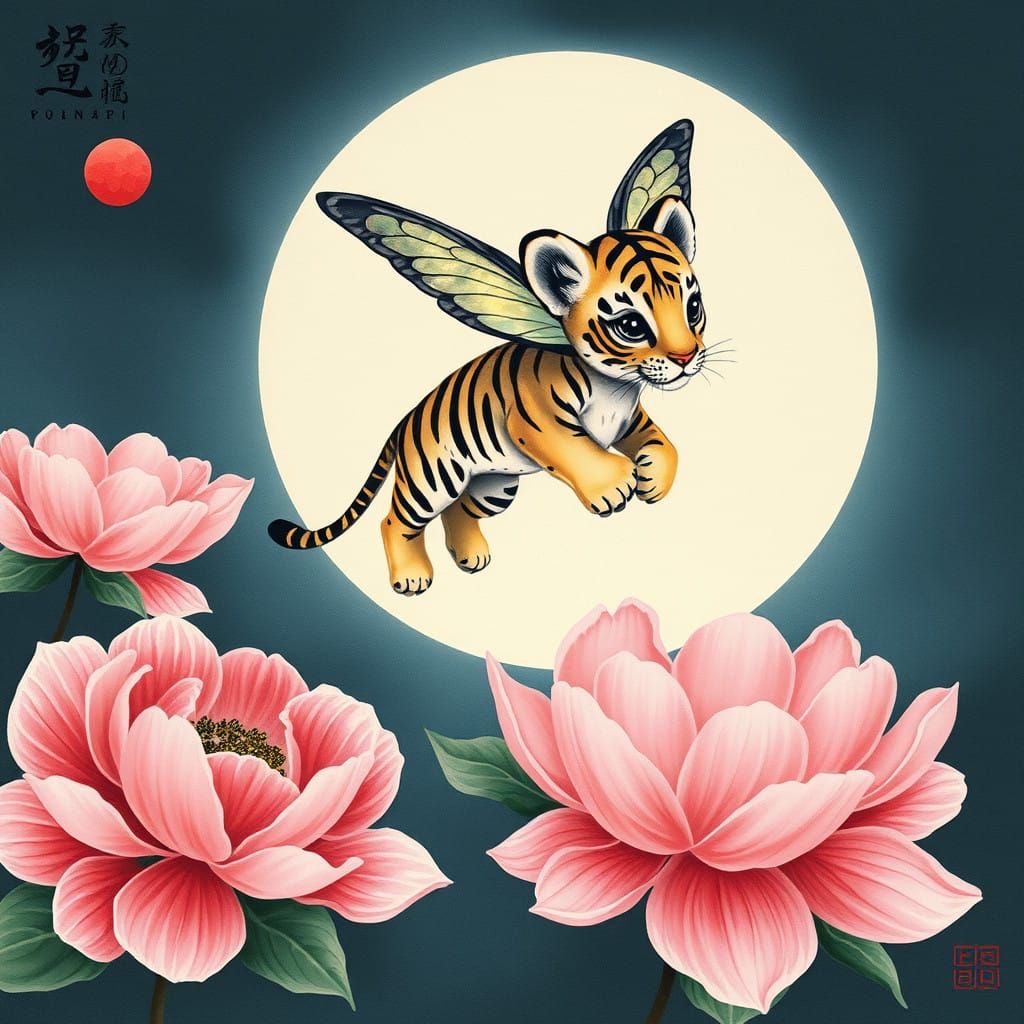 Delicate Tiger with Iridescent Wings in a Serene Garden