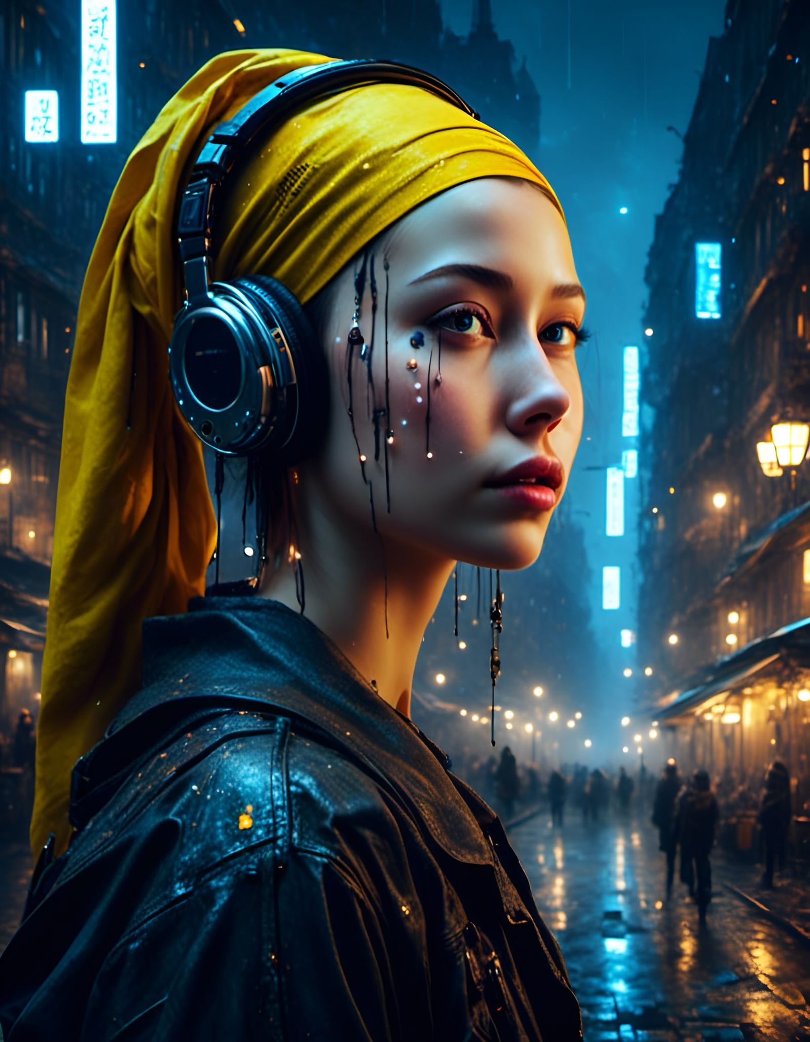 Cyberpunk Girl with Pearl Earring, Vermeer Style