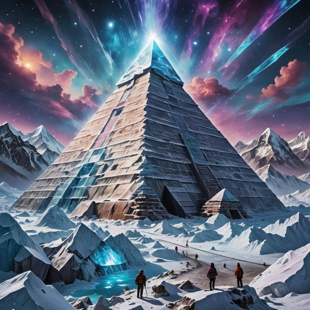 Himalayan Ice Pyramid: A Cosmic Mixed Media Illustration
