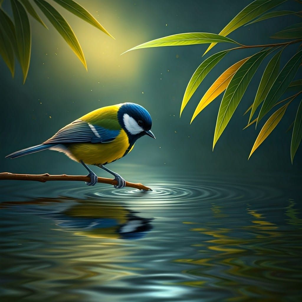 Titmouse Admiring Reflection in River, Hyperrealistic Style