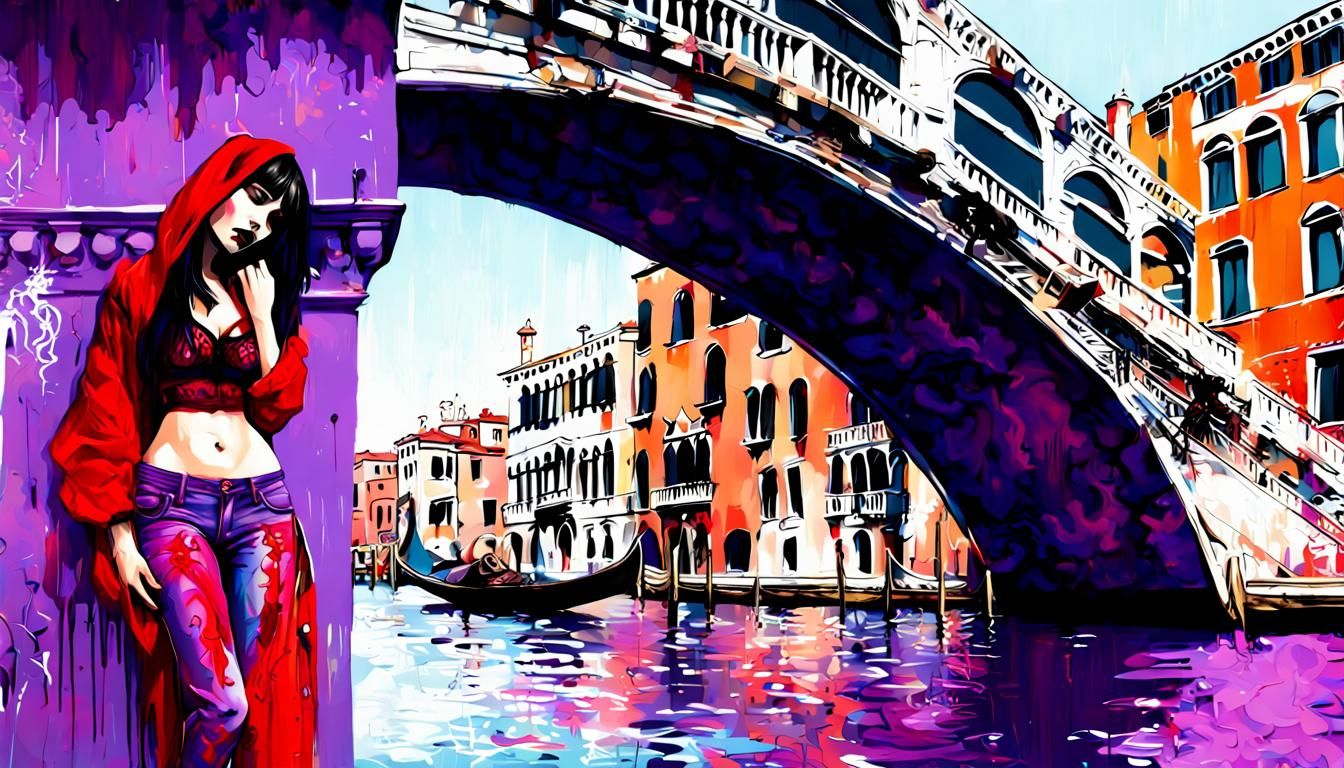 Goth Woman on Rialto Bridge in Graffiti Art