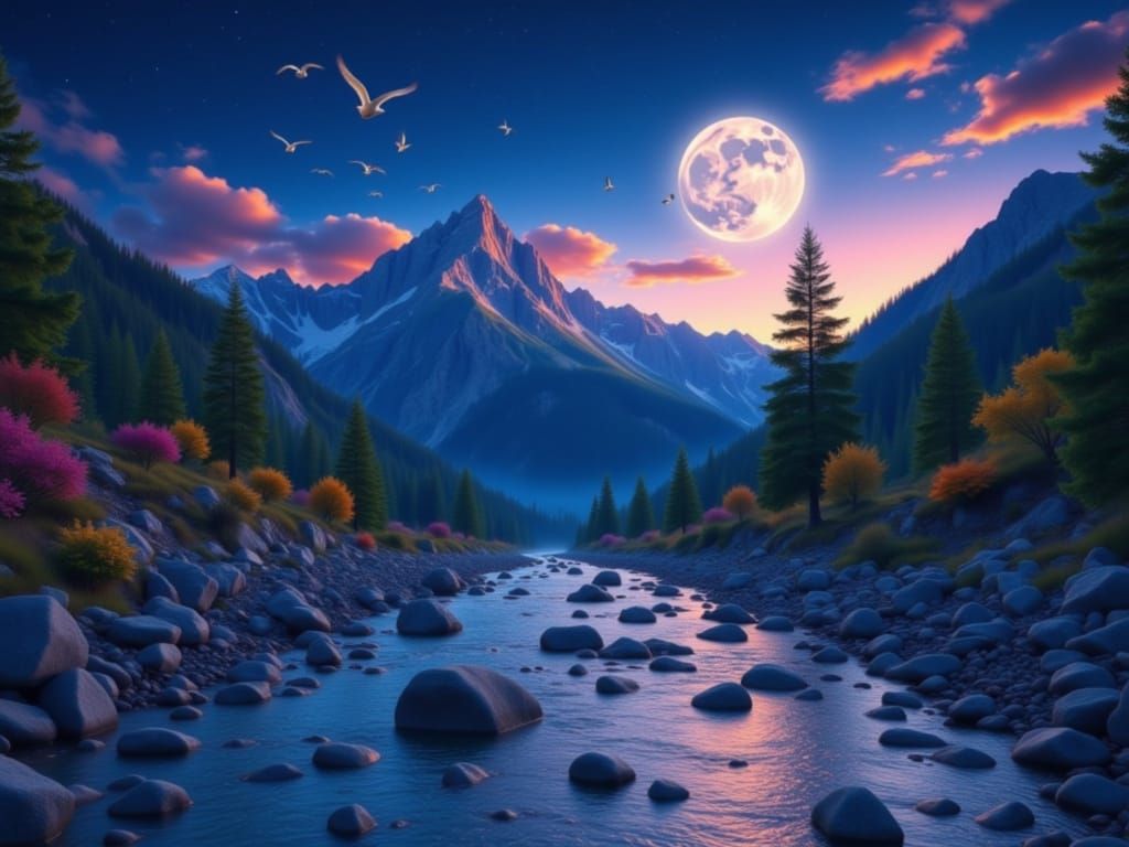Cozy Mountain River at Night Under Moonlight