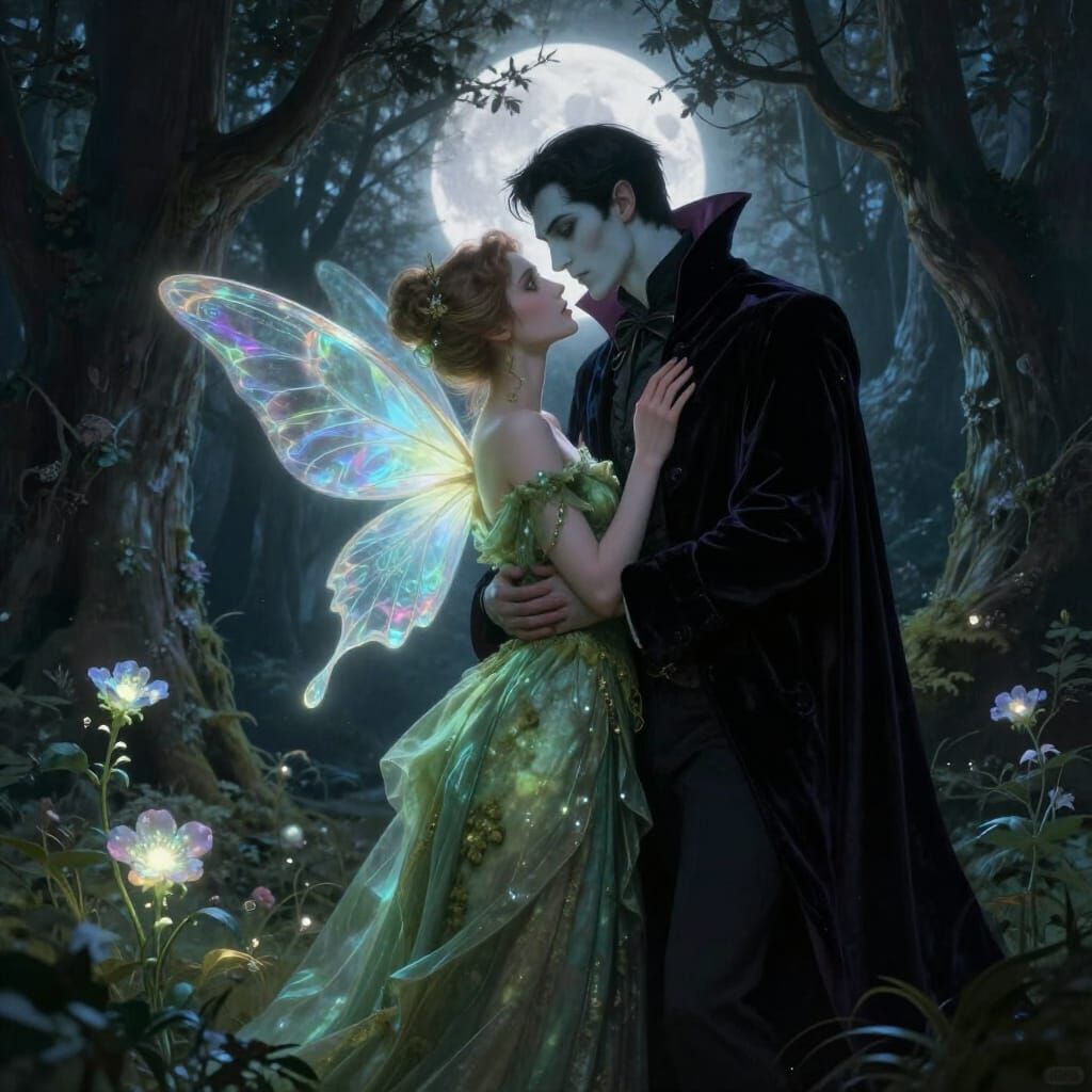 Fairy and Vampire Embrace in Moonlit Forest