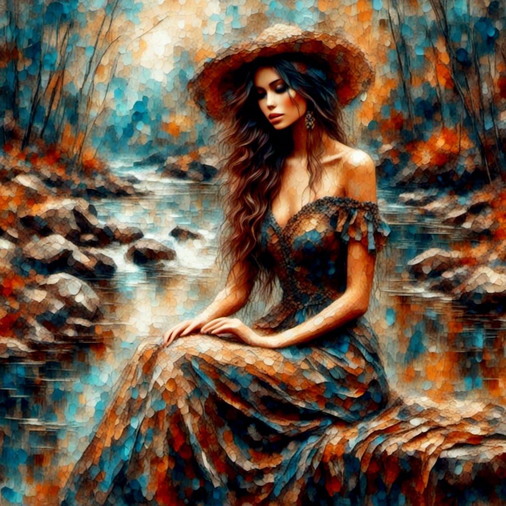 Gypsy Woman Creek Side Oil Painting