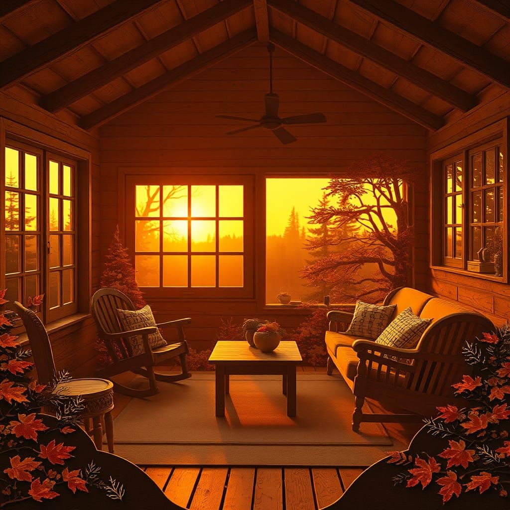 Cozy Cabin Interior with Paper Cutout Autumn Foliage