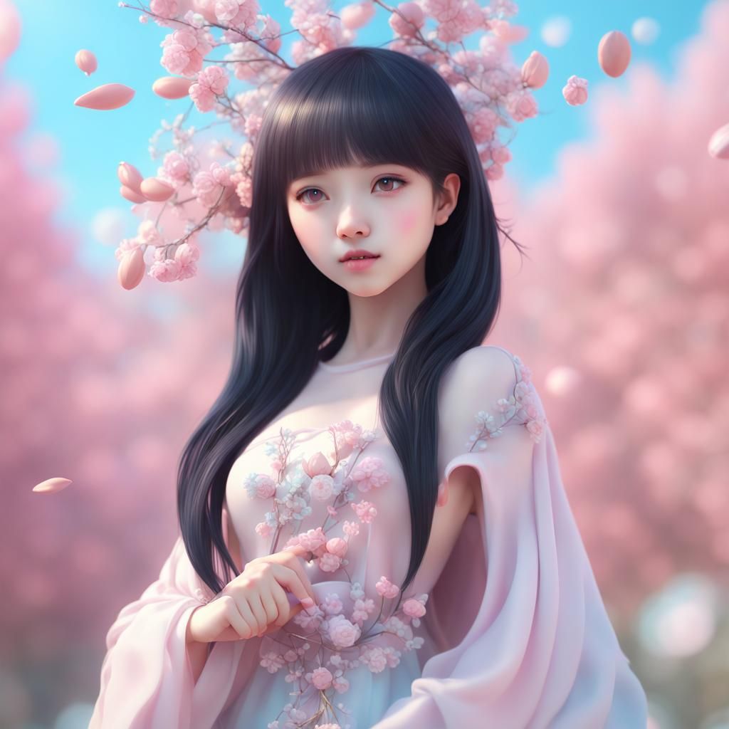 Spring Girl with Black Hair in 3D Render