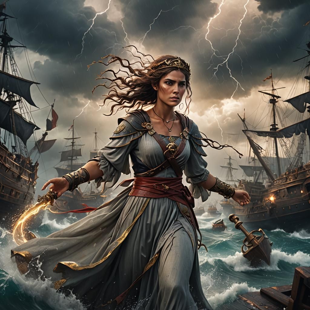 Roman Girl Summons Storm Magic: Detailed Matte Painting