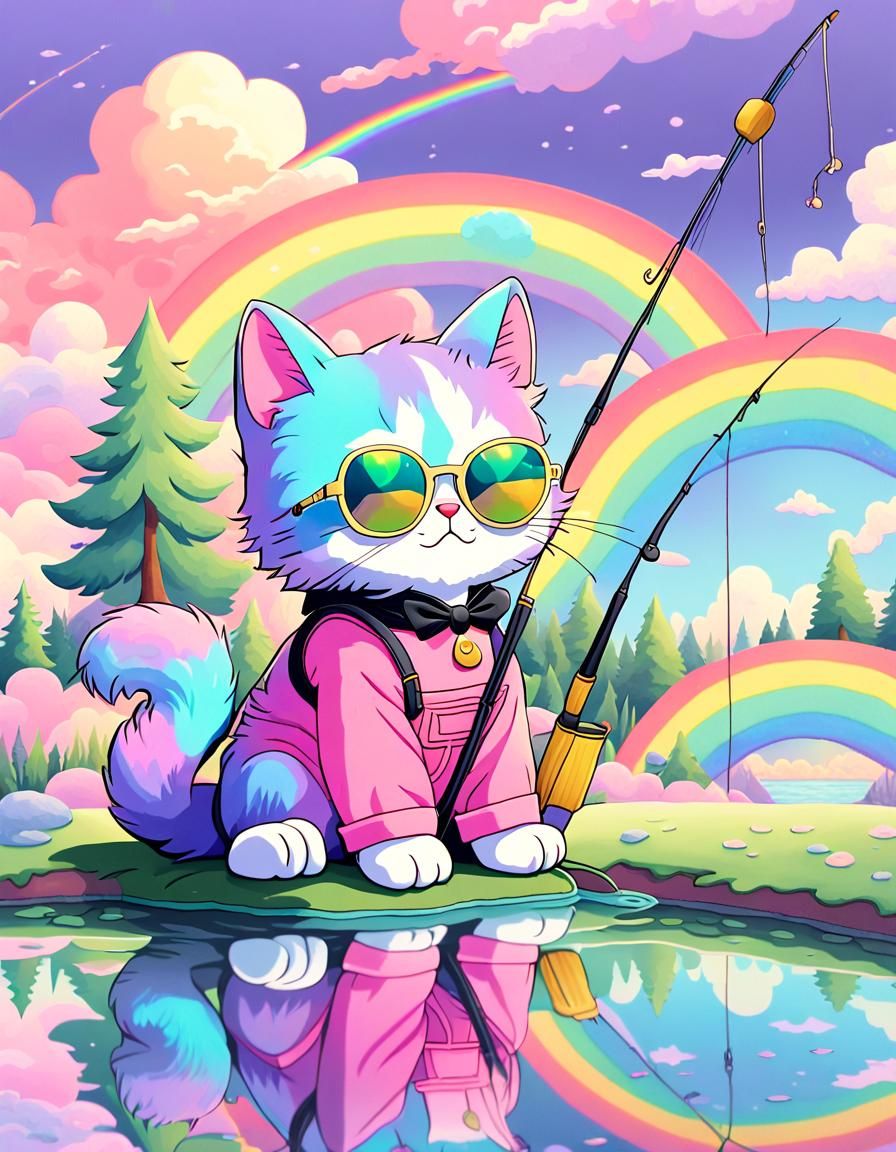 Psychedelic Cat Fishing in Rainbow Pond