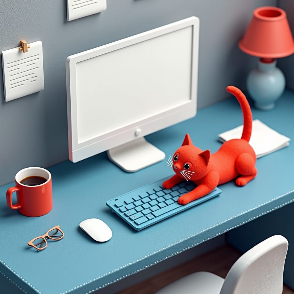 Felt Illustration: Cat Programmer Desk in Corporate Colors