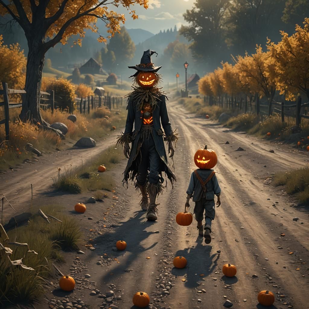 Glowing Pumpkin Scarecrow on Gravel Road