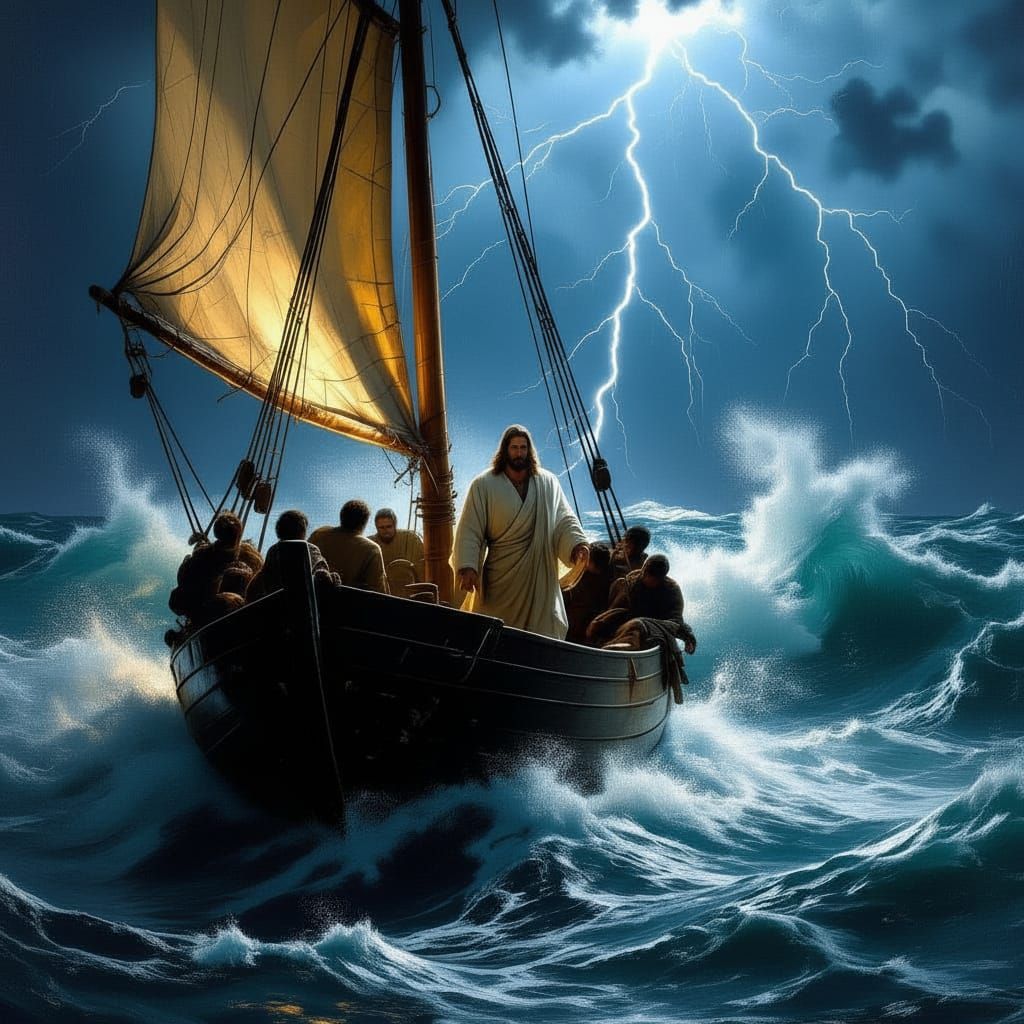 Jesus Calms Violent Storm at Sea with Disciples