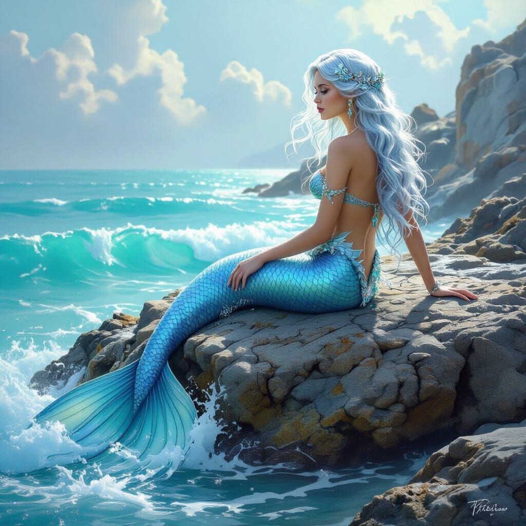 Dreamy Mermaid on Rocky Outcrop in Hyperrealistic Style