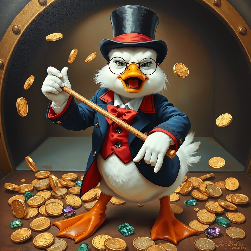 Cartoon Duck Surrounded by Coins and Gems in a Vault