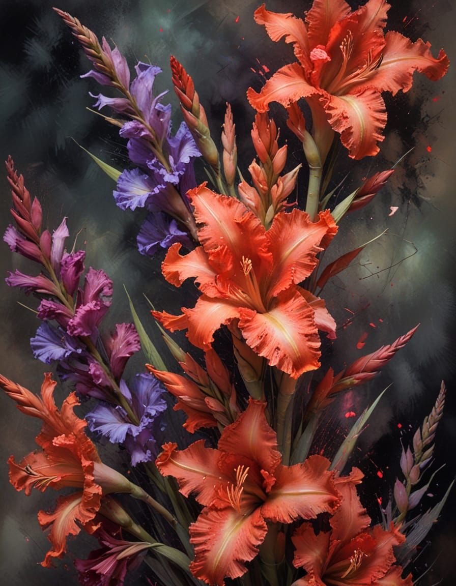 Iridescent Gladioli Blooms in Vibrant, Grunge-Style Chaos