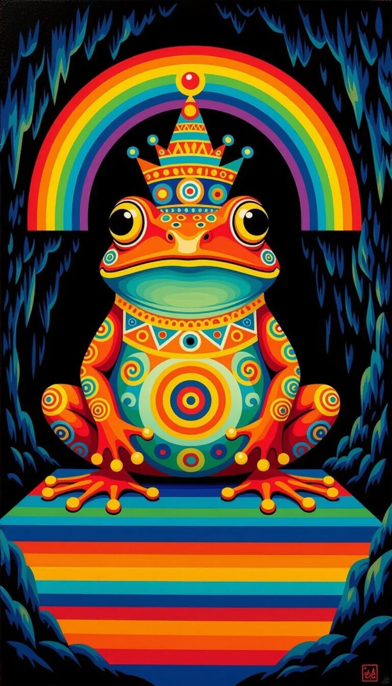 Psychedelic Red Frog King in Rainbow Crown in Cave