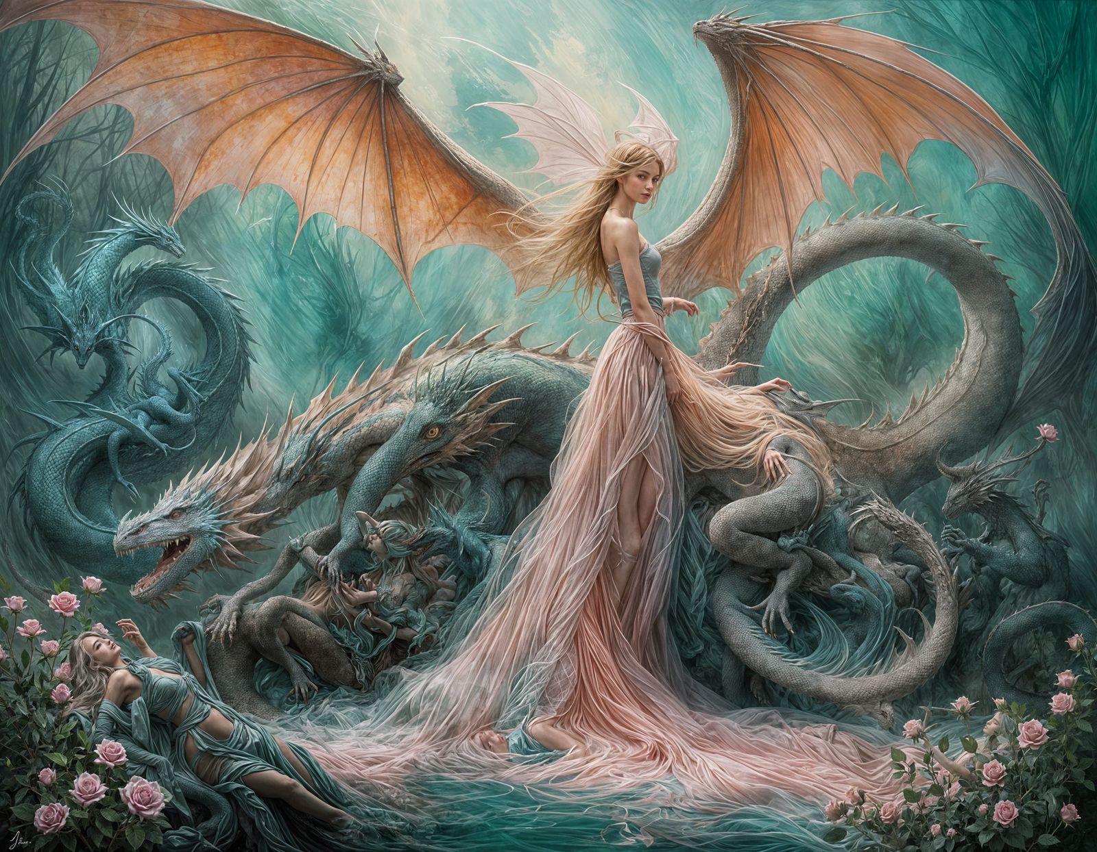 Sorceress with Dragon in Alla Prima Oil Style