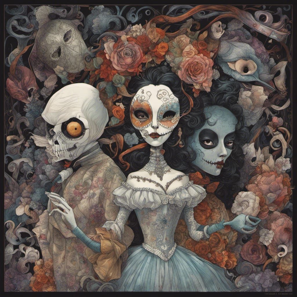 Vibrant Masquerade Ball Inspired by Poe, Dark Surrealism