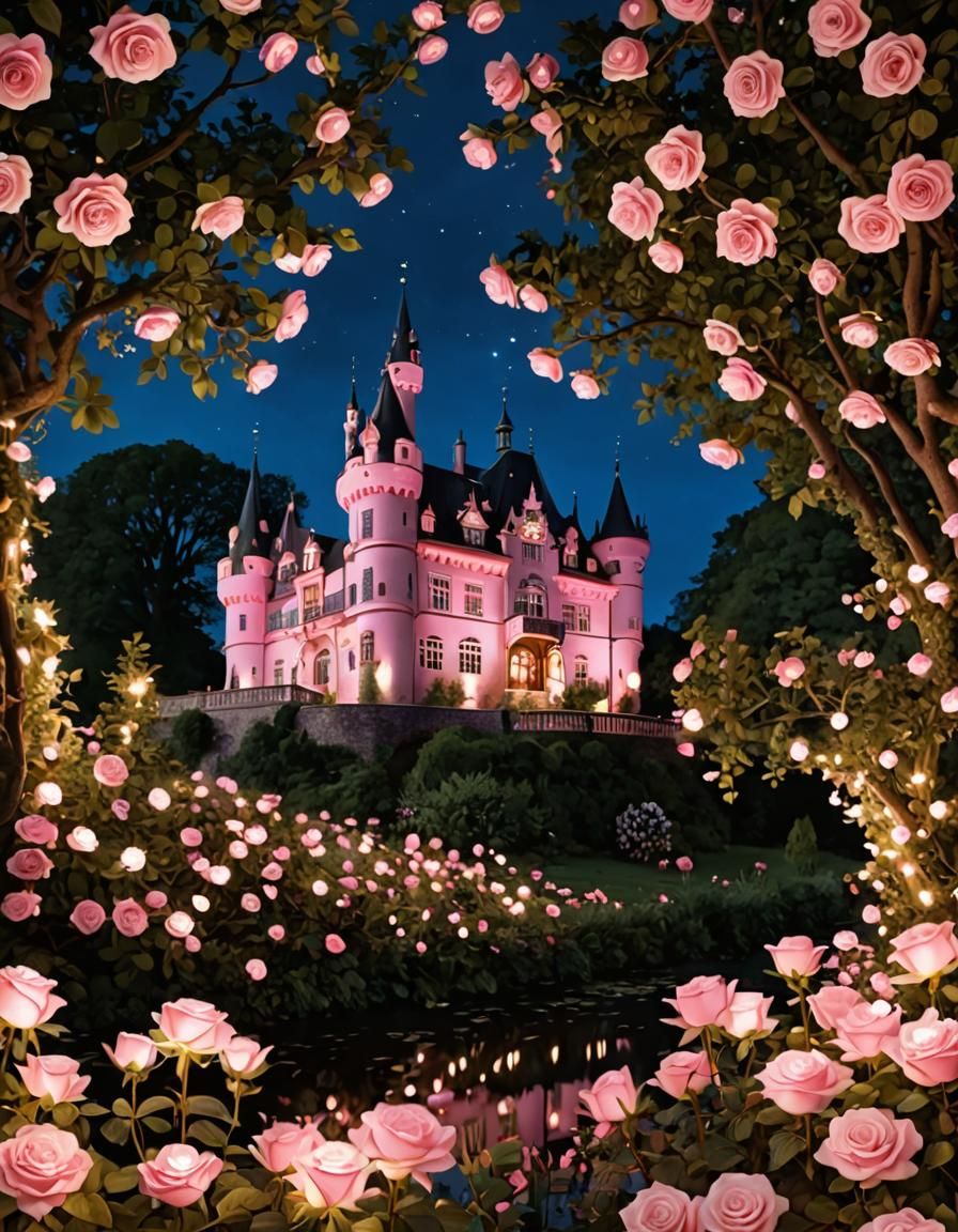 Enchanted Castle with Pink Roses in Magical Forest
