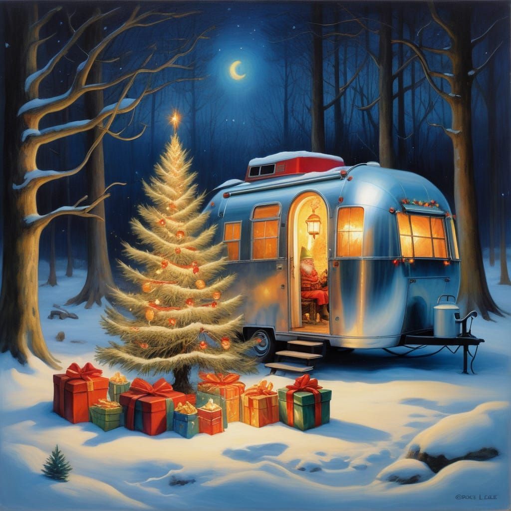 Enchanted Winter Wonderland Outside Vintage Airstream Carava...