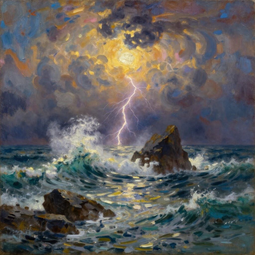 Dramatic Seascape Oil Painting with Lightning Strike