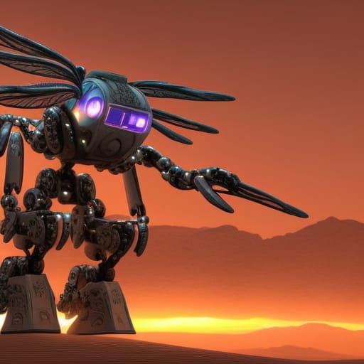 Dragonfly Robot Mecha in Desert Sunset