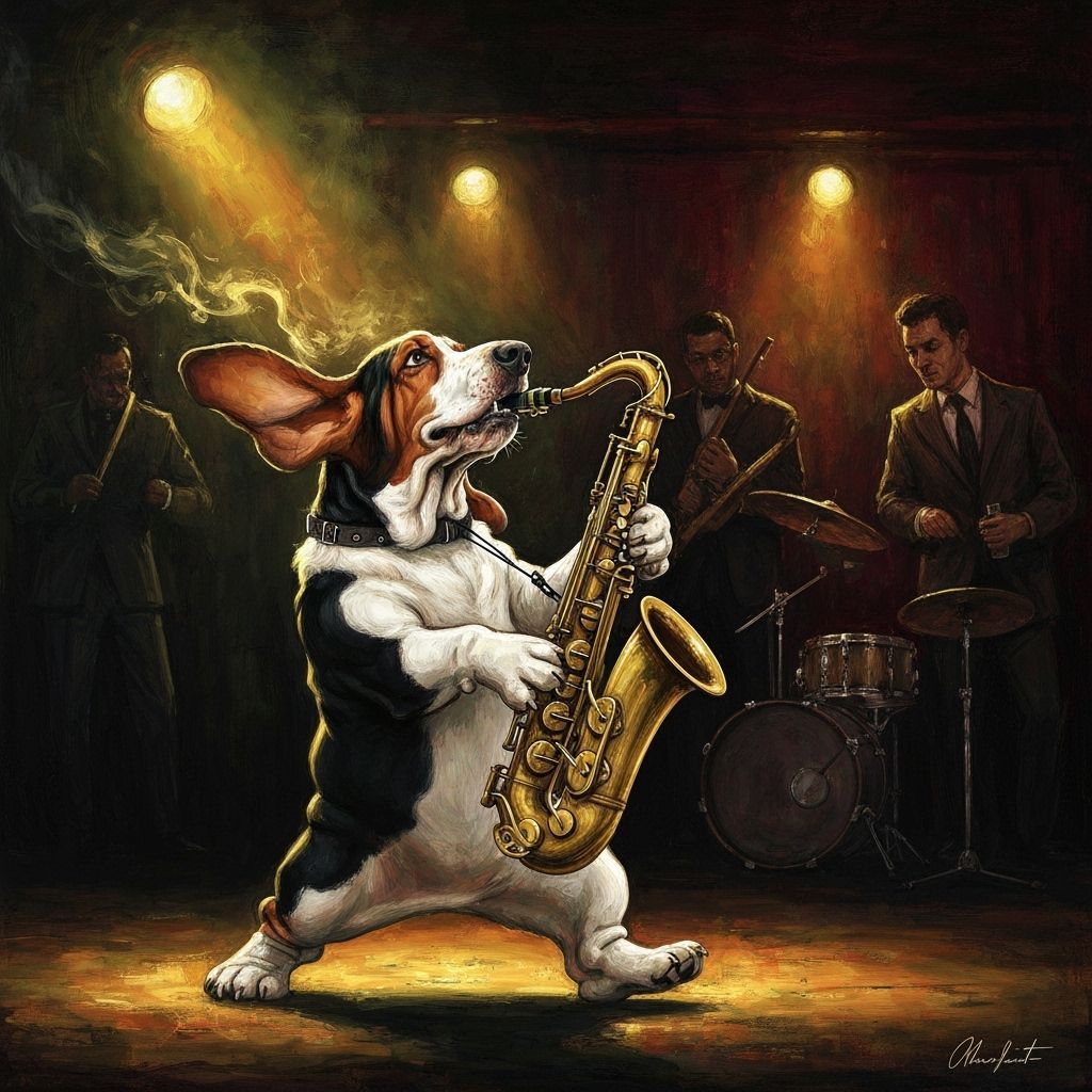Basset Hound Saxophonist in Dramatic Jazz Club Style