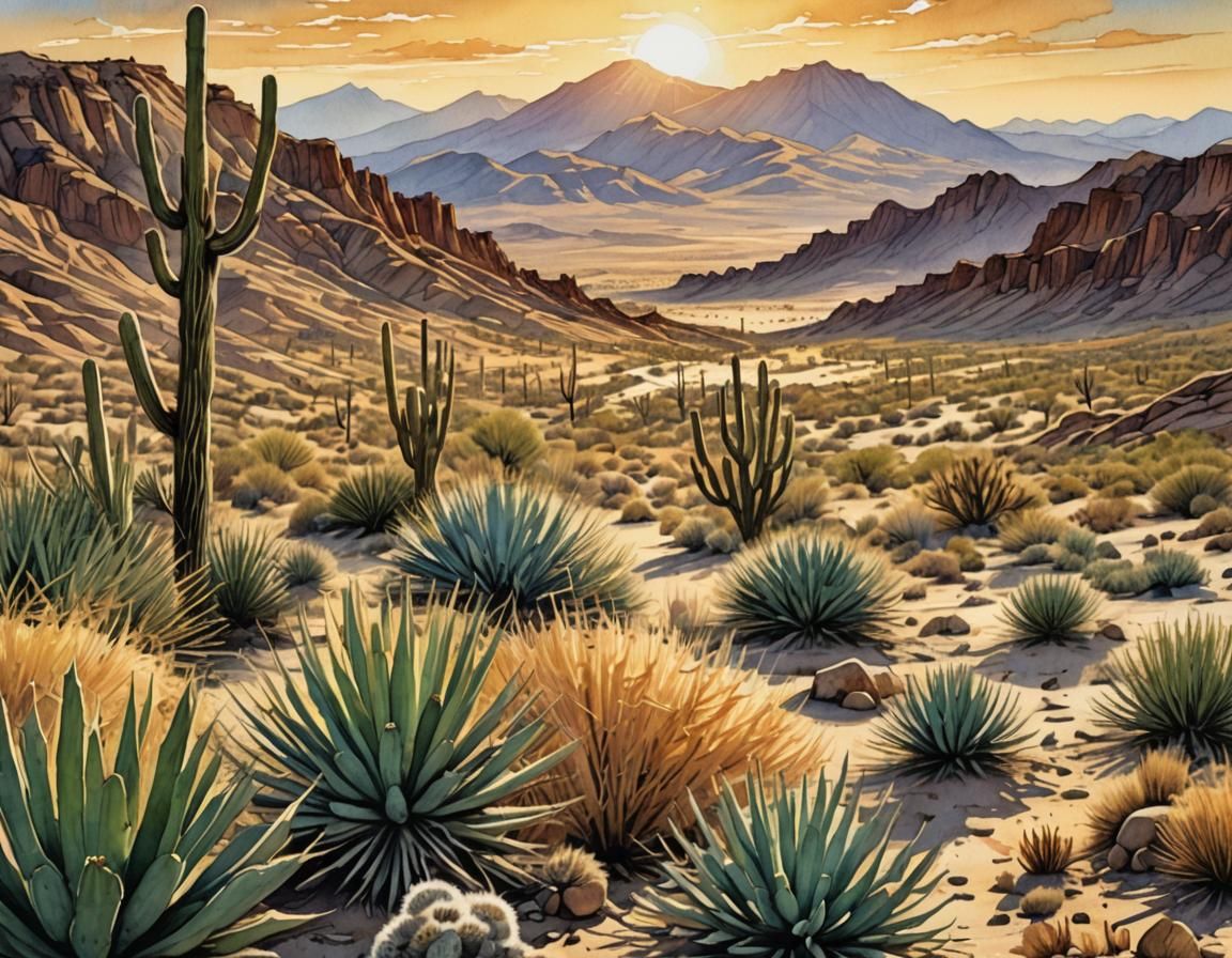 Desert Landscape in Comic Book Watercolor Style