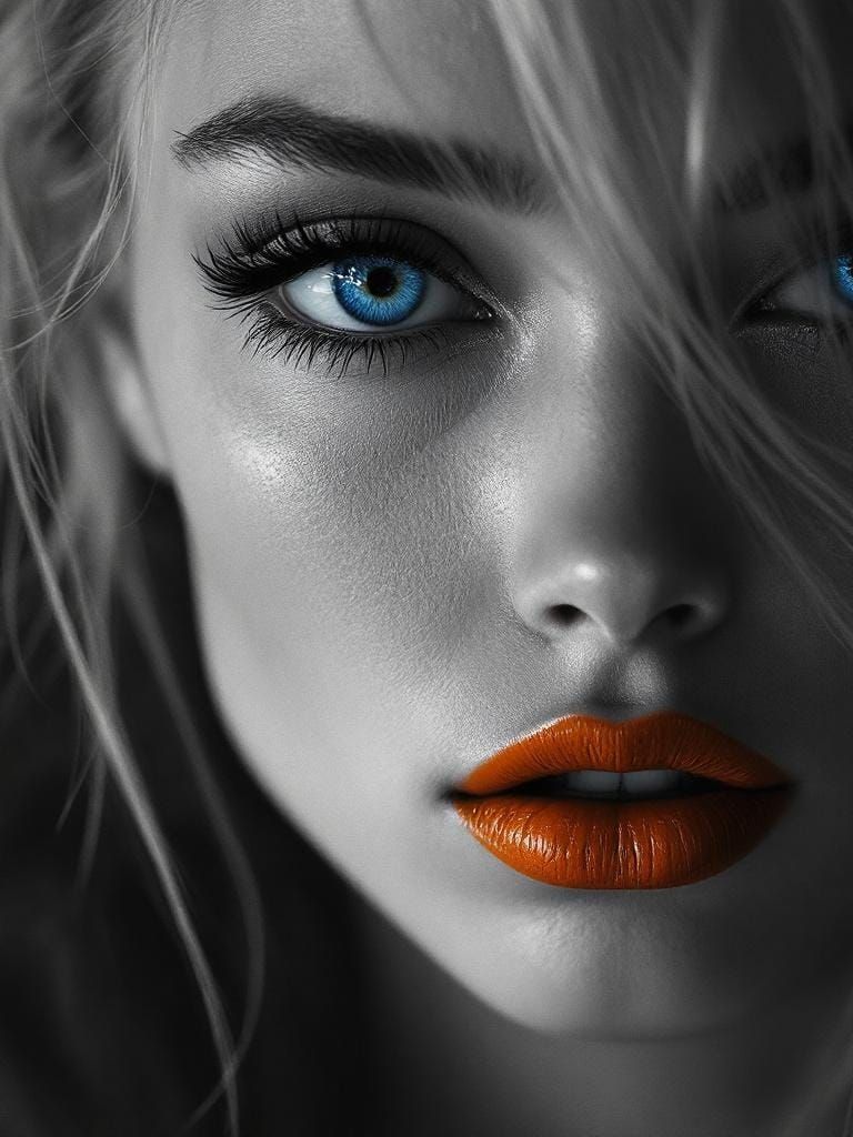 Monochrome Portrait with Vivid Blue Eyes and Orange Lips