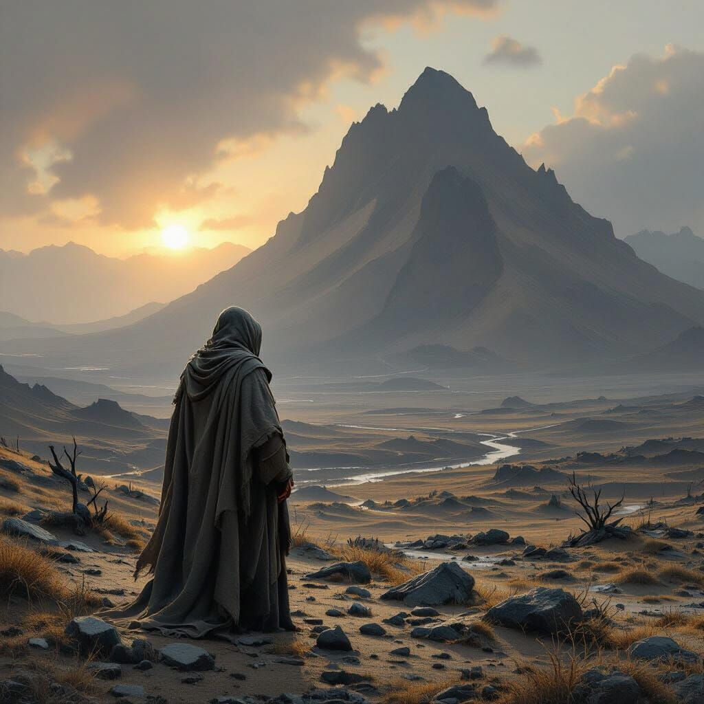 Resolute Figure Against Barren Peaks in Sublime Realist Styl...