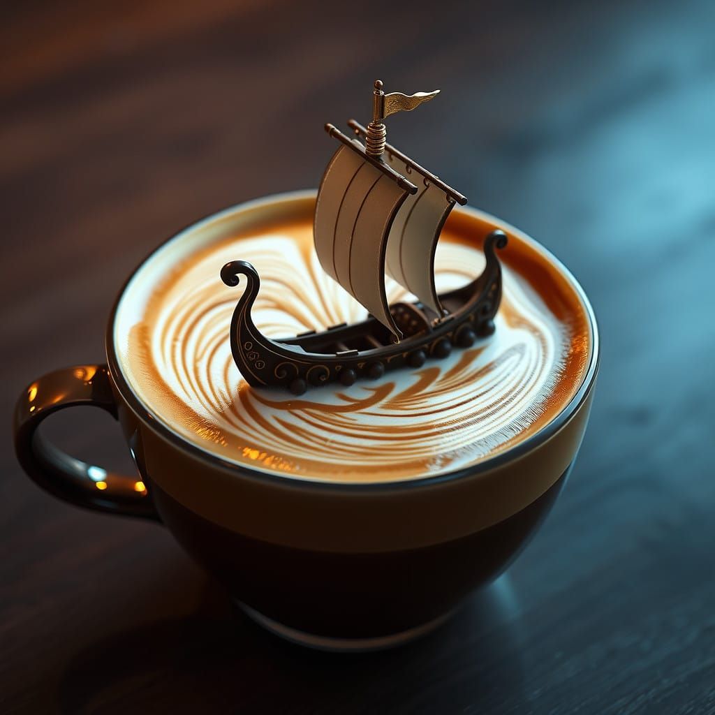 Golden Viking Ship Sails Across a Sea of Rich Coffee