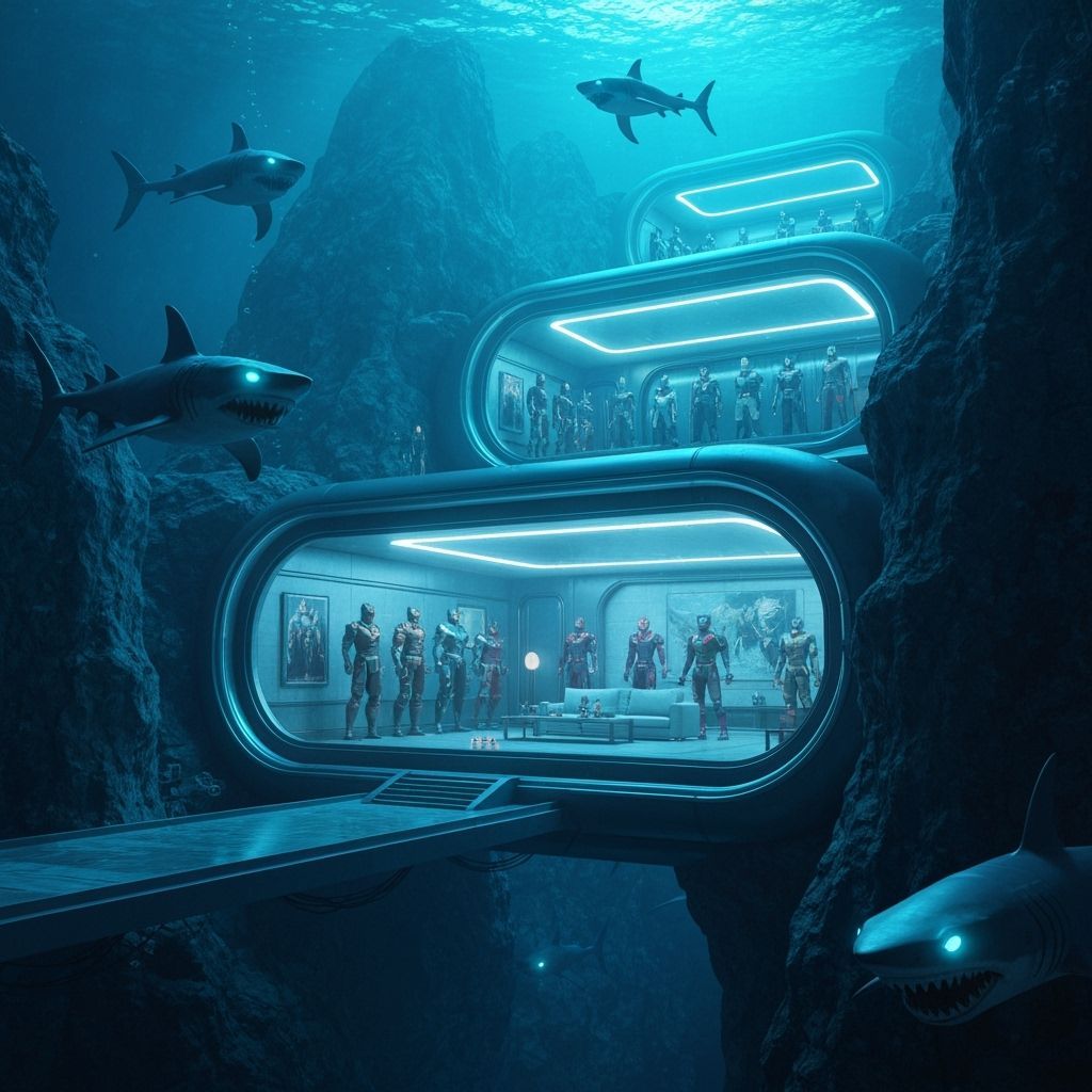 Cyberpunk Underwater Lair with Robotic Sharks