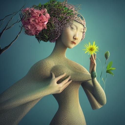 Woman Flying with Flower: Magic Realism Style