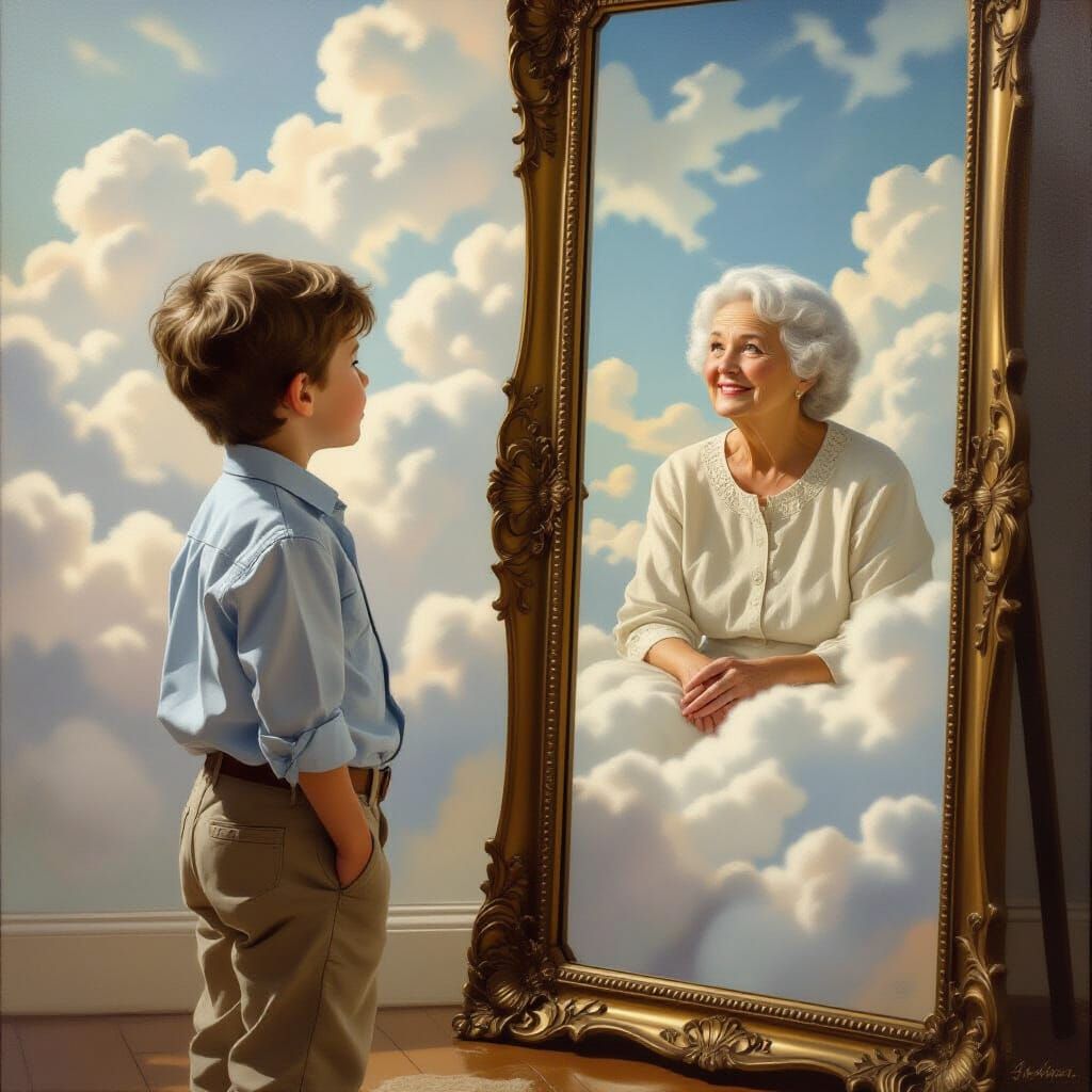 Boy Talks to Grandmother's Spirit in Heaven Clouds Realistic...