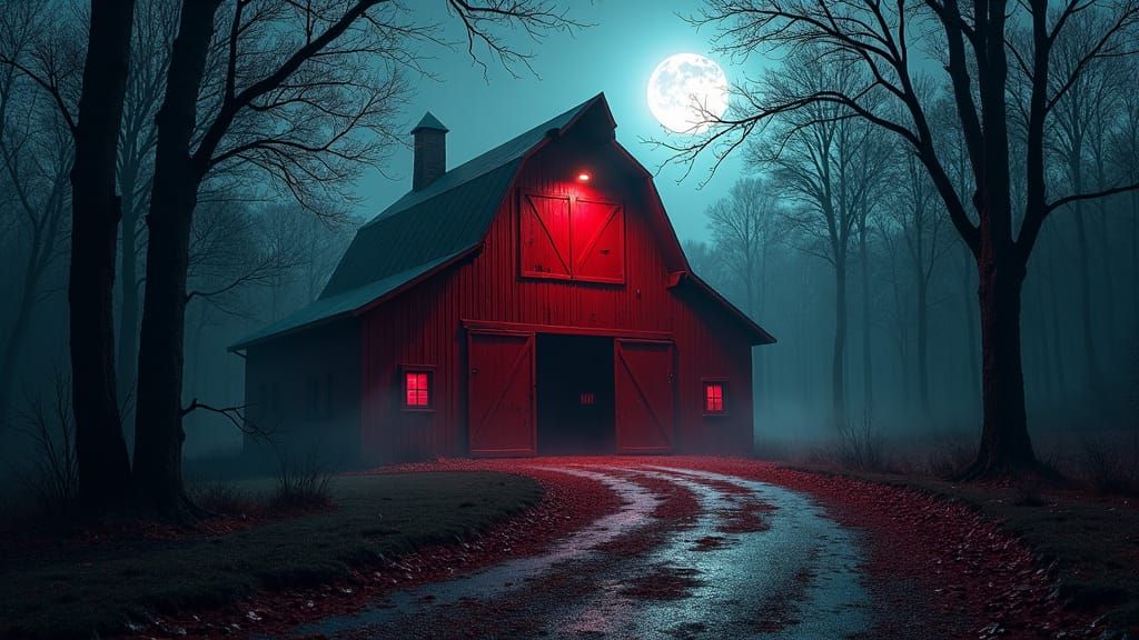 Eerie Red Barn at Night on Halloween