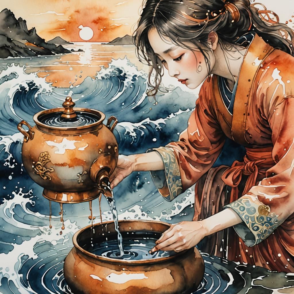 Japanese Girl Pours Water, Yoshitaka Amano Style