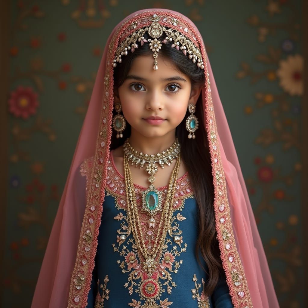 Elegant 8-Year-Old Girl in Traditional Eid Attire with Cryst...