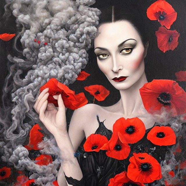 Morticia Addams Portrait with Poppies, Detailed Painting
