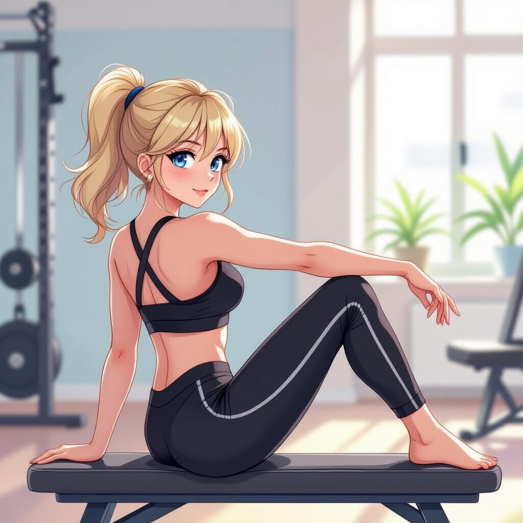 Blonde Woman Stretching in Gym with Dreamcore Style