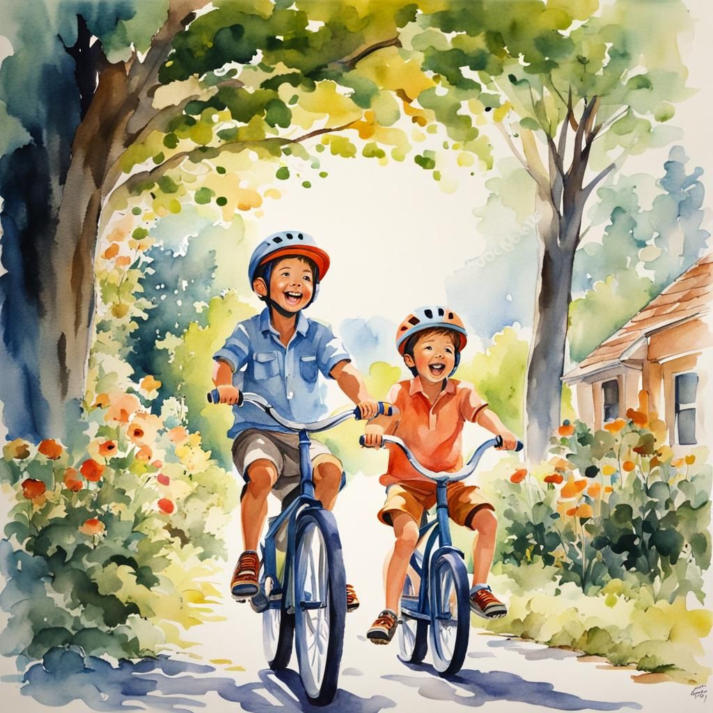 Father and Son Cycling: A Watercolor Painting