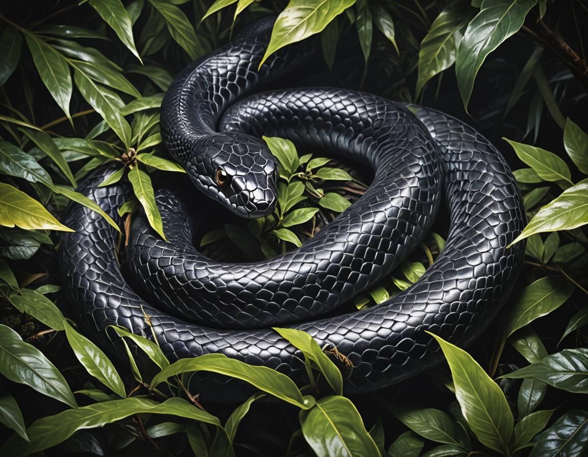 Black Mamba Snake Portrait in Jungle Foliage