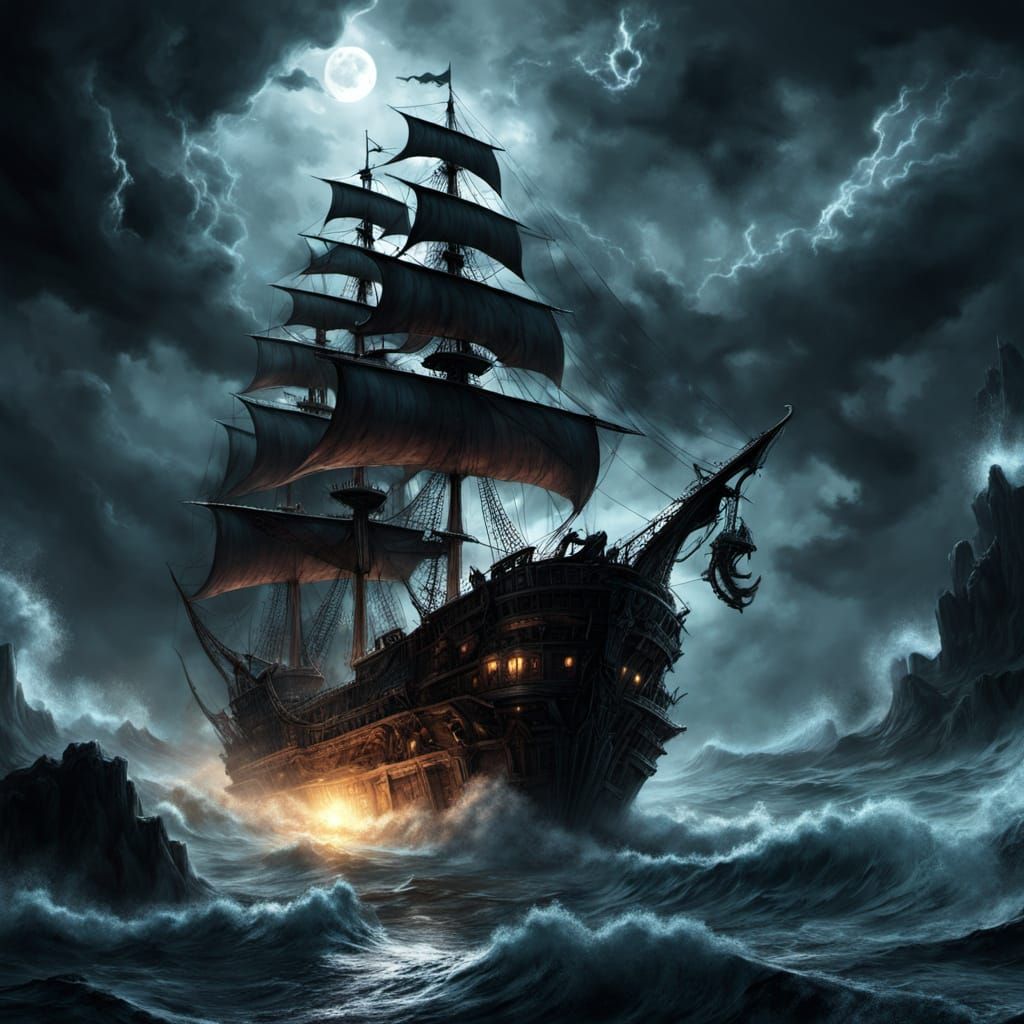 Pirate Ship Battles Spectral Kraken Under Starry Sky