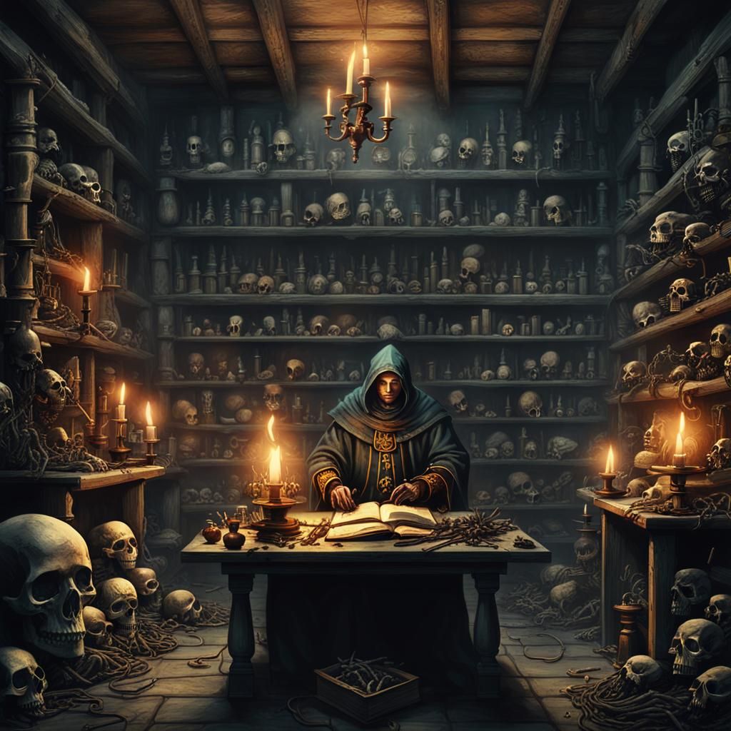 Eerie Dark Fantasy Alchemist in Gothic Laboratory