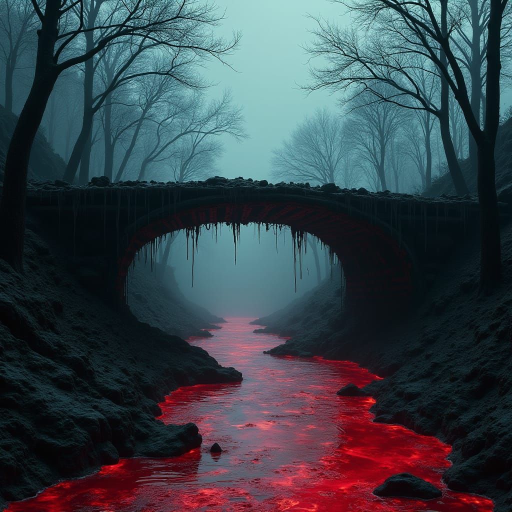 Surreal Blood River Landscape in Dark Fantasy Style
