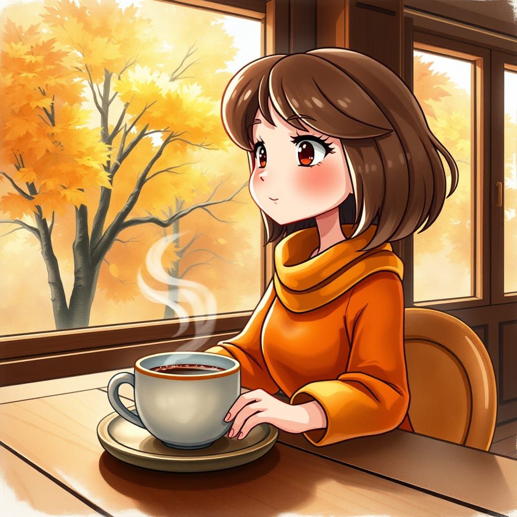 Cozy Autumn Scene With Steaming Coffee, Watercolor Style