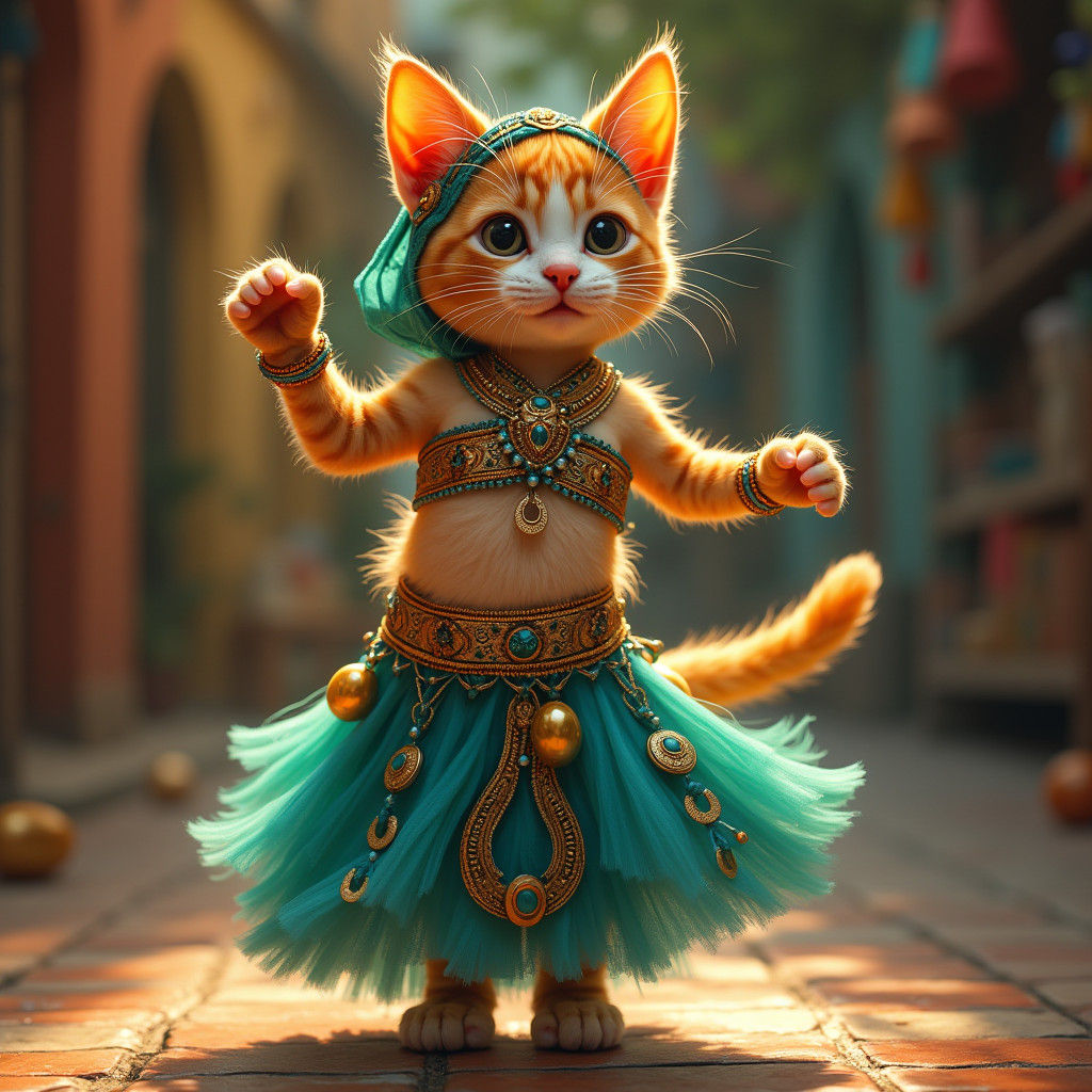 Joyful Calico Cat Belly Dancing in Moroccan Souk