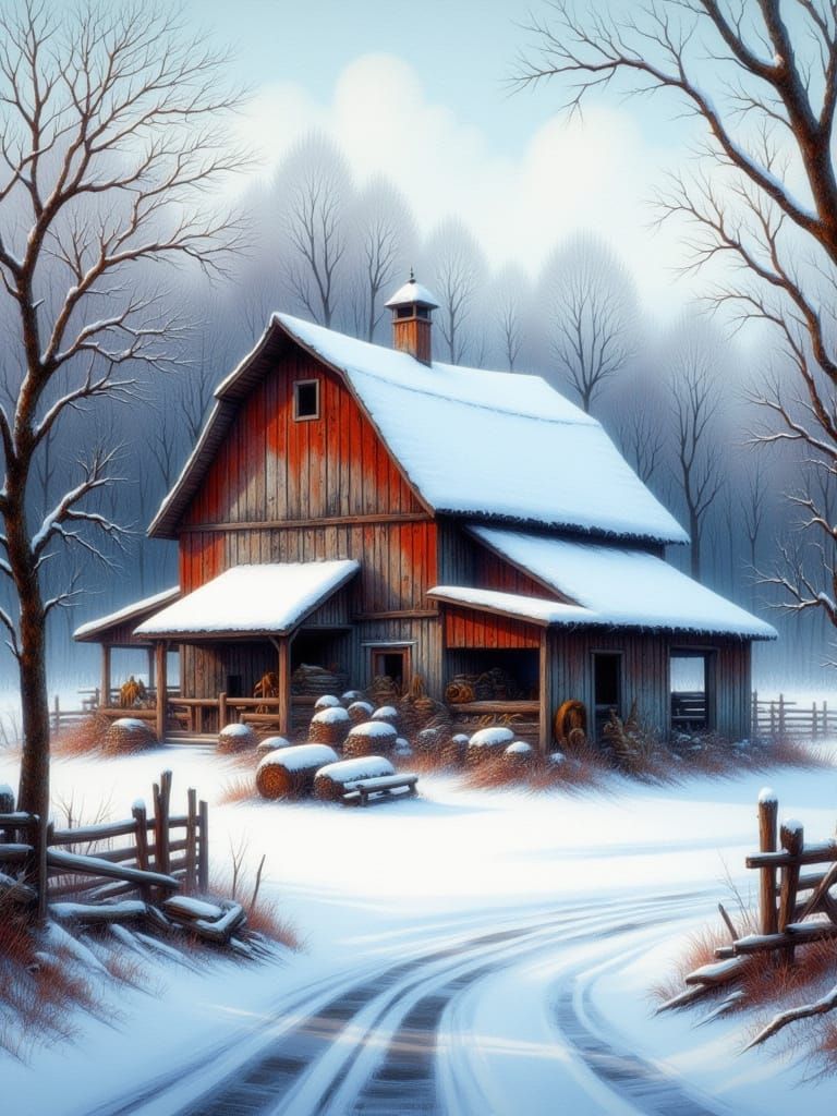 Weathered Old Barn in Snowy Ranch Setting