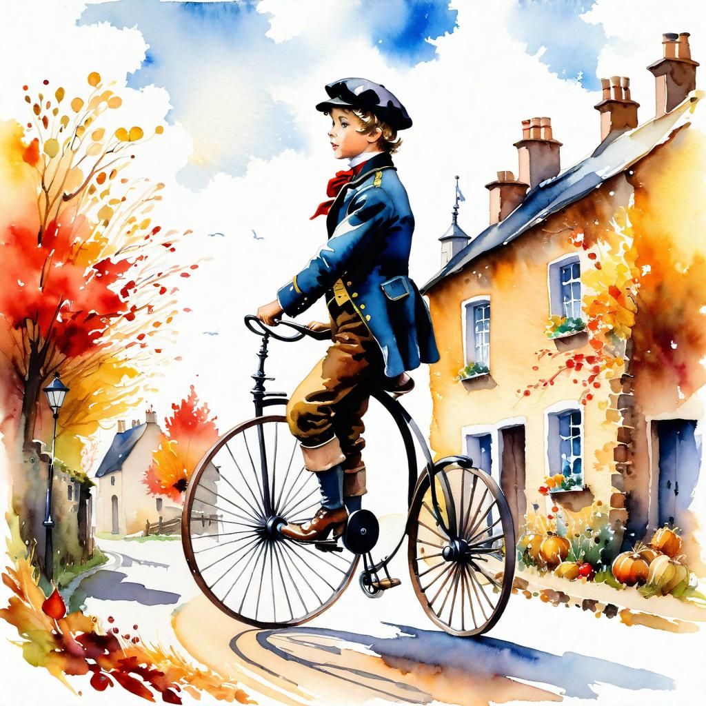 Young Boy Rides Penny-Farthing: Gouache Painting