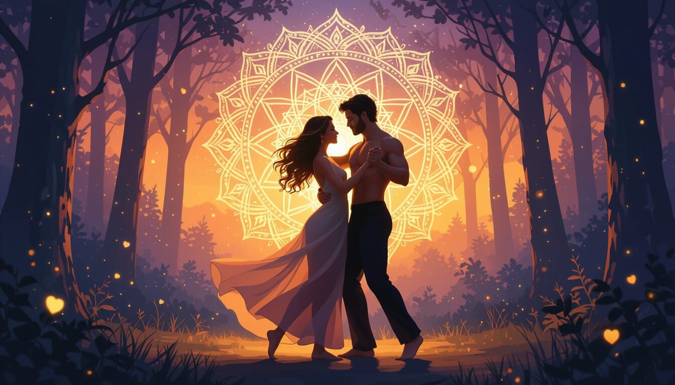 Couple Dancing in Enchanted Forest, Neo-Impressionist Style