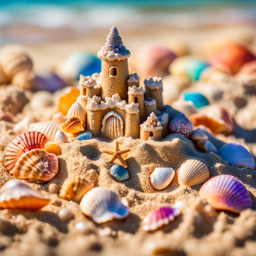 Seashell Sandcastle: Macro Beach Art in Sunny Hues
